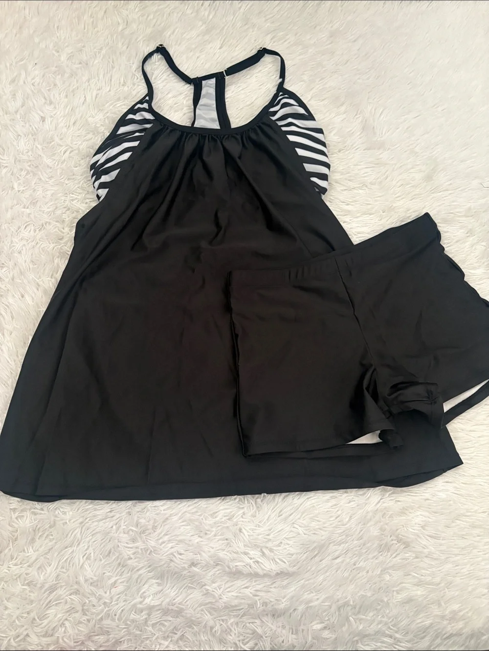 NWOT Black Striped Tankini With Swim Shorts Set Size M From Amazon